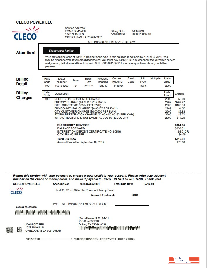 USA Louisiana Cleco Power electricity utility bill template in Word and PDF format